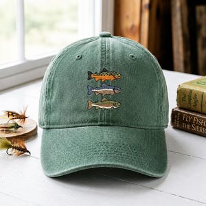 Cappello ricamato con diverse specie di trote, regalo per guida di pesca, cappellino con pesci variegati, attrezzatura da pesca a mosca, regalo per pescatori