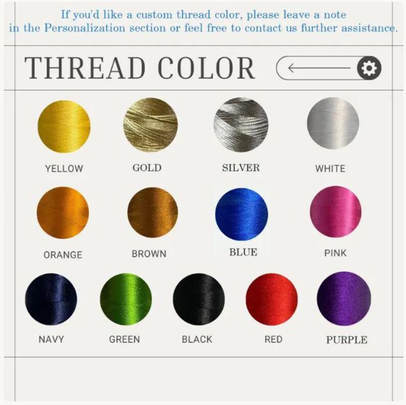 May include: A color chart displaying thread colors, including yellow, gold, silver, white, orange, brown, blue, pink, navy, green, black, red, and purple. The text "THREAD COLOR" is at the top.