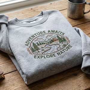 Op de afbeelding: Een grijze sweatshirt met de geborduurde tekst "ADVENTURE AWAITS EXPLORE NATURE" met een natuurscène. De sweatshirt ligt op een houten tafel met een kompas, een notitieboek, een mok, een vetplant, dennenappels en een zakmes.