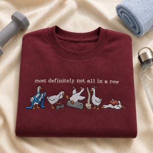 May include: A maroon crewneck sweatshirt featuring an embroidered graphic of five white geese in various poses with the text "most definitely not all in a row" above them. The geese are shown exercising with a blue resistance band, a dumbbell, a foam roller, a spine model, and a yoga mat.