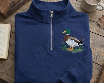 Embroidered Mallard Duck Quarter Zip Sweatshirt | Wildlife Bird Pullover | Nature Lover Apparel