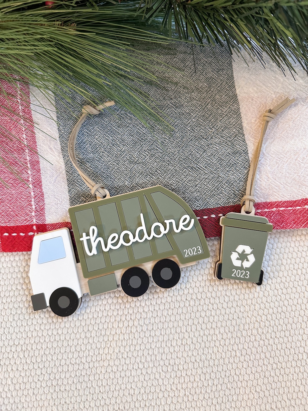 Garbage Truck Ornament With Trash Can Personalized Boys Christmas