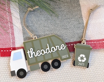 Garbage Truck Ornament with trash can | Personalized boys Christmas ornament | green Christmas ornament | trash truck ornament