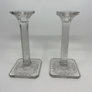 1930s Etched Floral Crystal Candle Holders, Pair