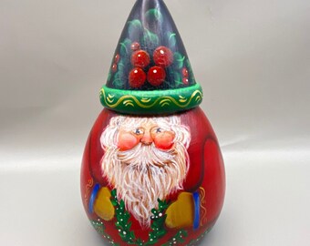 Hand Painted Wooden Round 5 1/2” Tall Holiday Santa Claus