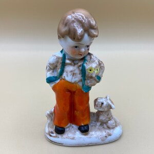 Vintage Boy Figurine with Owl and Dog 4&quot; Japan