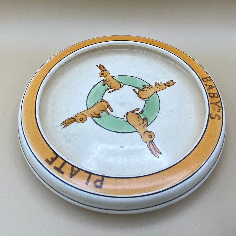 Roseville Pottery Baby’s Creamware 1900’s Four Rabbits Rolled Edge Baby ...