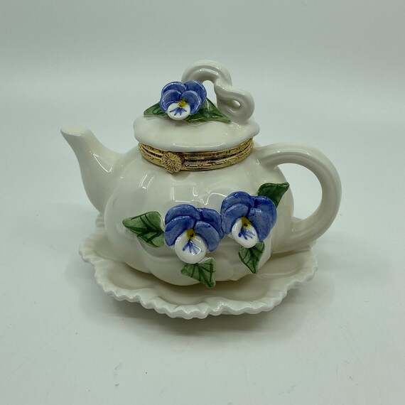 Mud Pie Pansy Trinket Box Teapot With a Hinged Lid