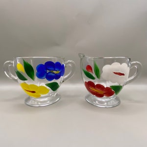 Bartlett Collins GayFad Cream & Sugar Hand Painted Flowers Red/White Blue/Yellow