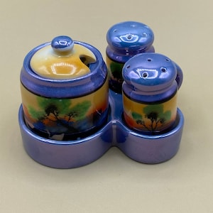 Japan Lusterware China Condiment Caddy Salt and Pepper Shaker with Mustard Jar Set
