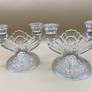 Iris and Herringbone Jeannette Glass Co. Double Candle Holders, Candlesticks