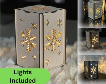 Snowflake Lantern, Snowflake Light, Christmas Decor, Winter Decor, Holiday Decor, Wedding Decor, Winter Centerpiece, Wooden Lamp