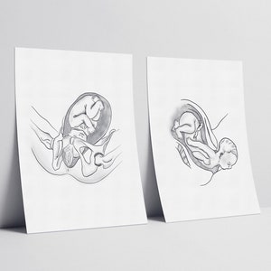 Childbirth and delivery print, Set of 2, birth professionals, doula, midwife illustration, Charcoal medical art, delivery room decor, Obgyn