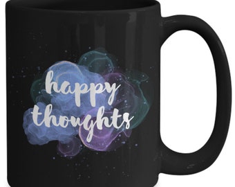 Happy thoughts black mug, pastel design mug, inspirational mug, motivational mug, artist gifts, watercolor design gifts, gifts for friend...