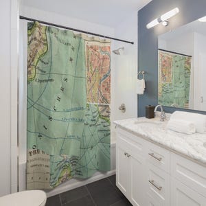 rideau de douche carte vintage, décoration nautique, rideaux de salle de bain, cadeau unique pour les voyageurs, décoration côtière, cadeau pour les amoureux des cartes