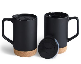 Ceramic Coffee Mug Set of 2, 17 OZ Large Coffee Mug with Removeable Cork Base and Splash Proof Lid, Large Handle