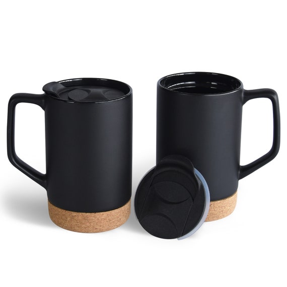 Matte finish Ceramic Coffee Mug Set: Cork Base, Splash-Proof Lid
