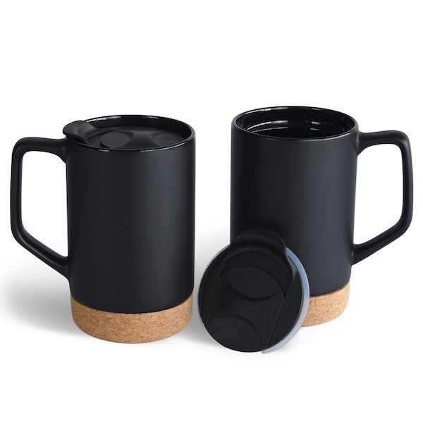 Matte finish Ceramic Coffee Mug Set: Cork Base, Splash-Proof Lid
