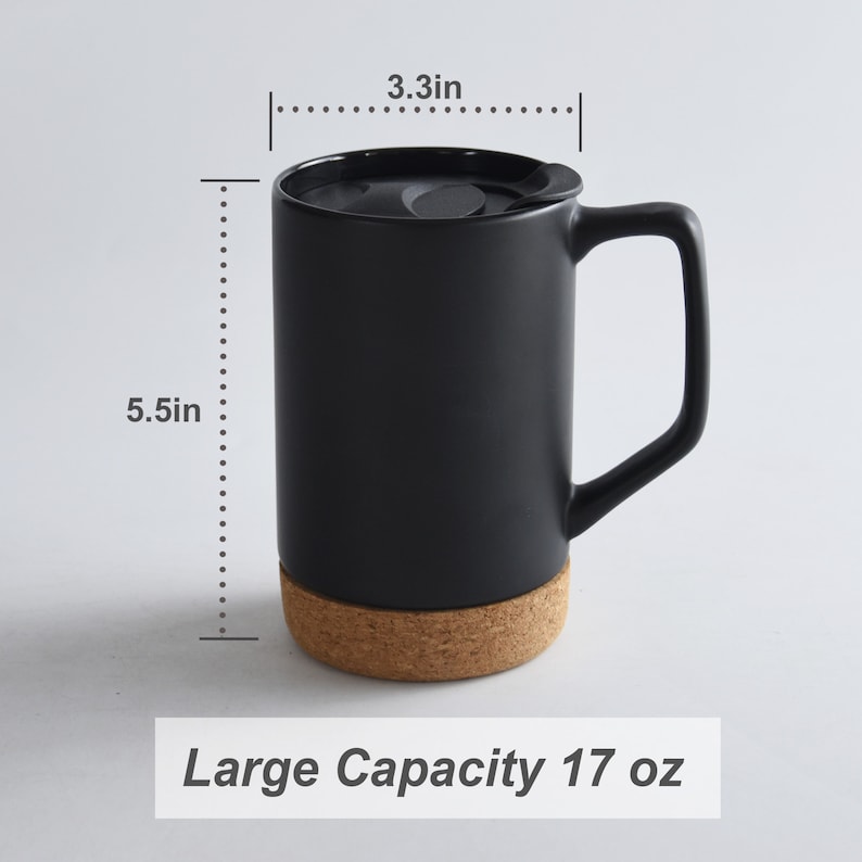 May include: Black ceramic mug with a cork base and a lid. The mug is 5.5 inches tall and 3.3 inches wide. It has a large capacity of 17 ounces.