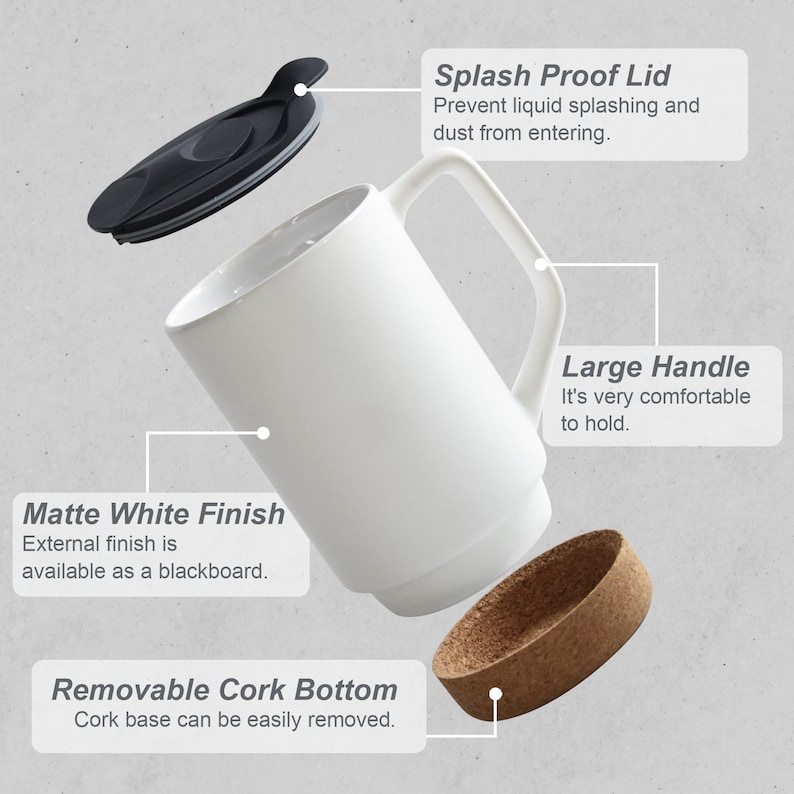 May include: White ceramic mug with a large handle and a black lid. The mug has a cork bottom that can be removed. The mug is on a white background.