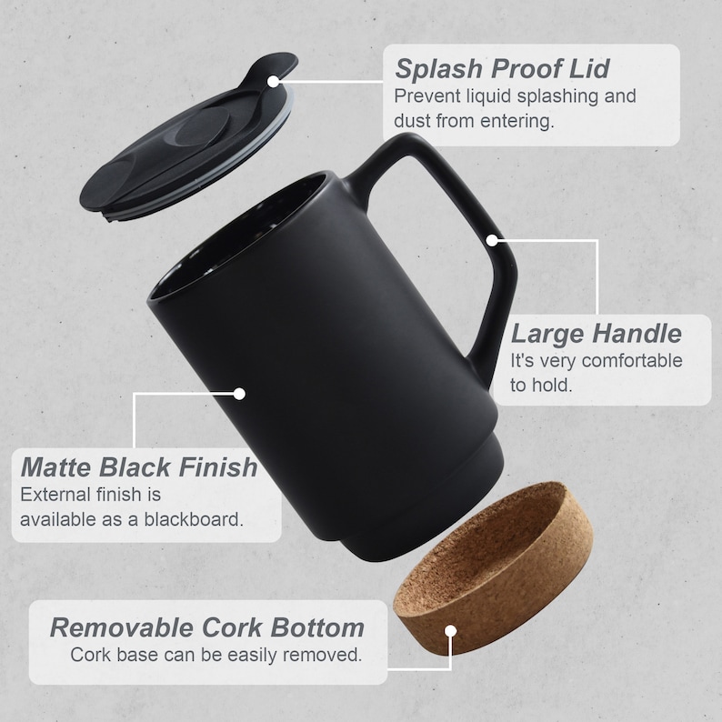 May include: A black ceramic mug with a cork bottom, a large handle, and a splash-proof lid. The mug has a matte black finish that can be used as a chalkboard.
