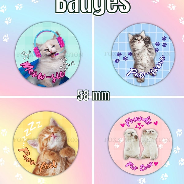 Badges Boutons Chatons, 58mm, porte-clé décapsuleur, épingle, insigne broche en métal, bouton, pins, magnet, lot 1