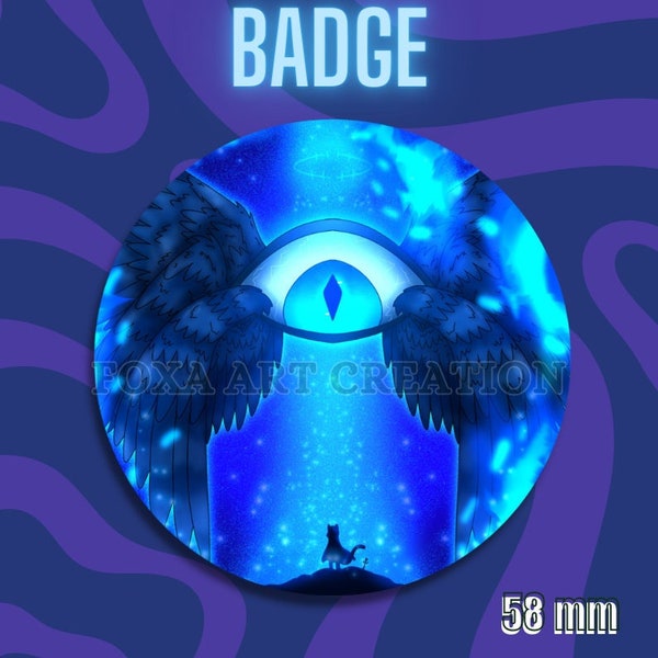 Badge rond épingle séraphin oeil ailé bleu, porte-clé décapsuleur, 58mm, insigne broche en métal, bouton, pins, magnet