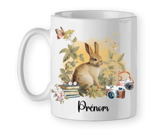 Mug Tasse céramique Lièvre, Lapin, campagne, vintage, cottagecore, personnalisé prénom, cadeau objet personnalisable