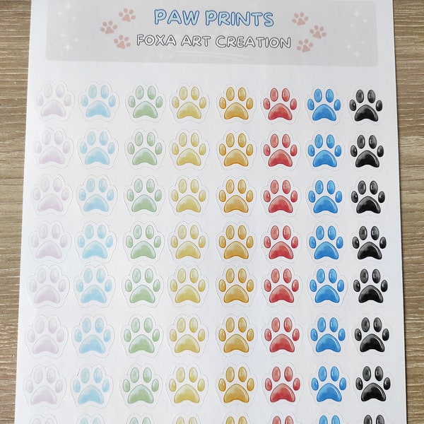 Planche de 64 Stickers Pattes Colorées, Glossy et Brillant, Papier autocollant