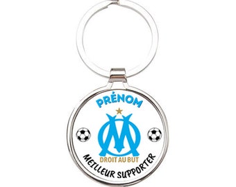 Porte-clé Olympique Marseille OM prénom, métal, rond, personnalisé