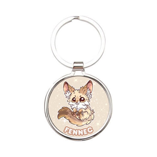 Porte-clé Fennec Kawaii, petit renard, renard des sables, renard du désert, métal, inoxydable, rond