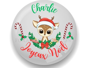 Badge Joyeux Noël personnalisé avec prénom, 58mm, épingle, porte-clé décapsuleur, insigne broche en métal, bouton, pins, magnet