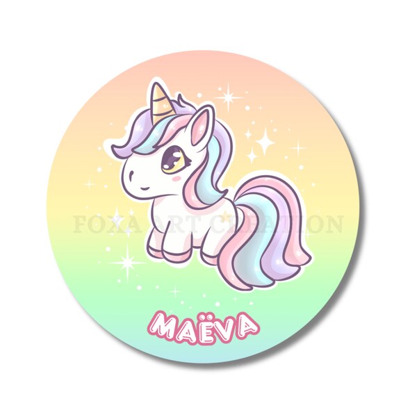 Badge pin Licorne avec prénom, épingle, 58mm, porte-clé décapsuleur, insigne broche en métal, bouton, rond, magnet