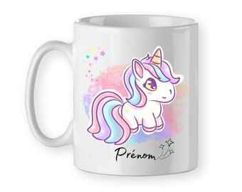 Mug Tasse céramique Licorne, Mignon, Arc-en-ciel, Pastel, personnalisé prénom, cadeau objet personnalisable