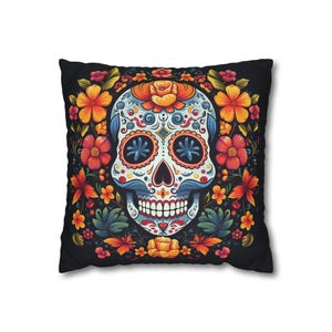Almohada de calavera de azúcar Dia de Los Muertos - Diseño de flores de caléndula, decoración cultural