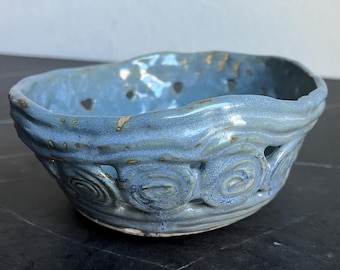 Vintage Studio Pottery Berry Bowl, Artist Signed Blue Glazed Stoneware Colander