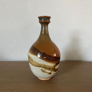Vintage Studio Pottery Vase Brown Tan and Cream Bud Vase Textured Glaze Earth Tone Ceramic Vase MCM Rustic Handmade Pottery Walt Glass 1986