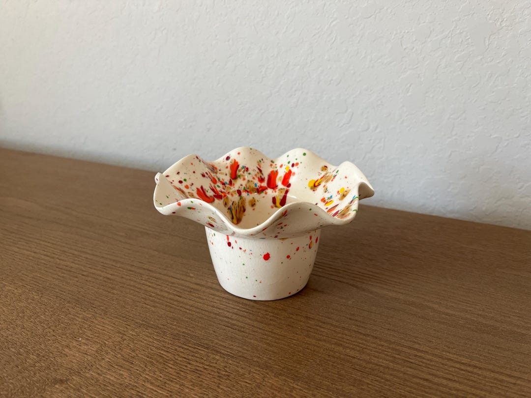 Vintage Ceramic Ruffle Bowl: MCM Splatter Glaze Planter With Drain - Etsy