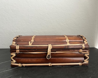 Vintage Bamboo Wicker Box, Coastal Boho Decor