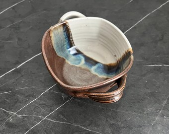 Brown Teal and Cream Ceramic Bowl with Handles, Artist Signed Studio Pottery, Rustic Modern Stoneware, MCM Decor