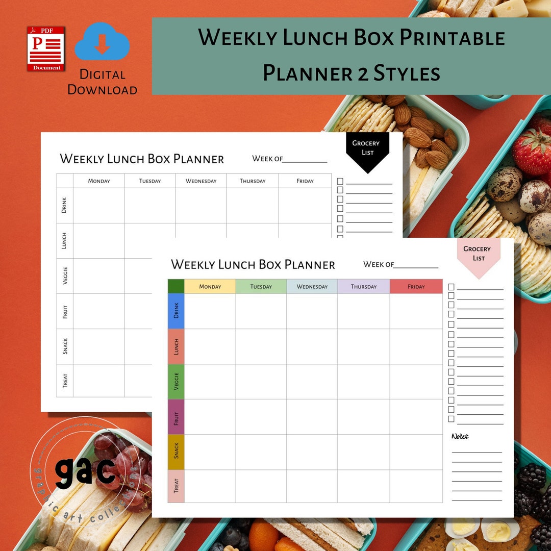 Weekly Lunch Box Printable Planner Grocery List Digital Etsy
