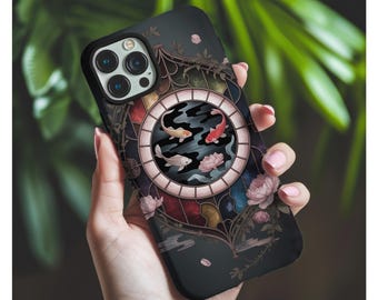 Koi Fish Phone Case, Japanese Faux Stained Glass Koi iPhone 17  Case, Lotus Floral Phone Cover, Asian Art Protective Case