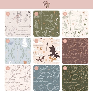 May include: A grid of nine square fabric swatches featuring fantasy-themed illustrations. Patterns include dragons, swords, crowns, books, clouds, stars, and moons in various color palettes like olive green, soft pink, light blue, and dark brown.