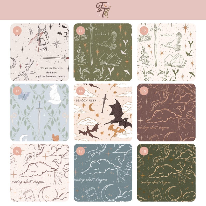 May include: A grid of nine square fabric swatches featuring fantasy-themed illustrations. Patterns include dragons, swords, crowns, books, clouds, stars, and moons in various color palettes like olive green, soft pink, light blue, and dark brown.
