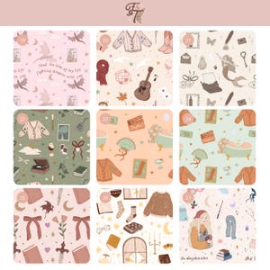 May include: A grid of nine square fabric patterns featuring illustrated motifs including dragons, guitars, typewriters, mermaids, bathtubs, books, candles, and clothing items in various color palettes like soft pink, sage green, and cream.