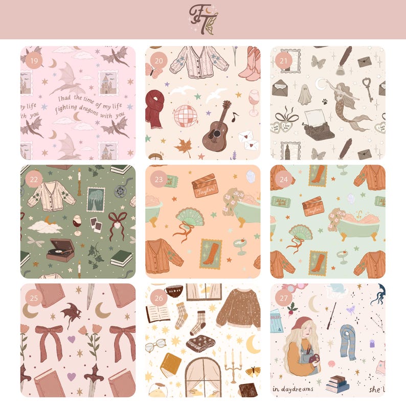 May include: A grid of nine square fabric patterns featuring illustrated motifs including dragons, guitars, typewriters, mermaids, bathtubs, books, candles, and clothing items in various color palettes like soft pink, sage green, and cream.