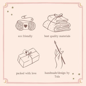 May include: A light pink square graphic featuring four brown line-art illustrations. Icons include a yarn ball, folded fabric, a gift box, and a hand holding a paintbrush. Text labels read eco friendly, best quality materials, packed with love, and handmade/design by Tula.