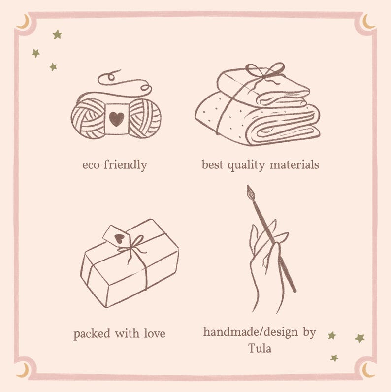 May include: A light pink square graphic featuring four brown line-art illustrations. Icons include a yarn ball, folded fabric, a gift box, and a hand holding a paintbrush. Text labels read eco friendly, best quality materials, packed with love, and handmade/design by Tula.