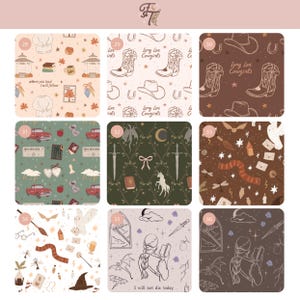 May include: A digital collage featuring nine distinct square patterns with various illustrations including cowboy boots, hats, horseshoes, books, swords, unicorns, dragons, owls, wands, and text like Long Live Cowgirls and I will not die today.