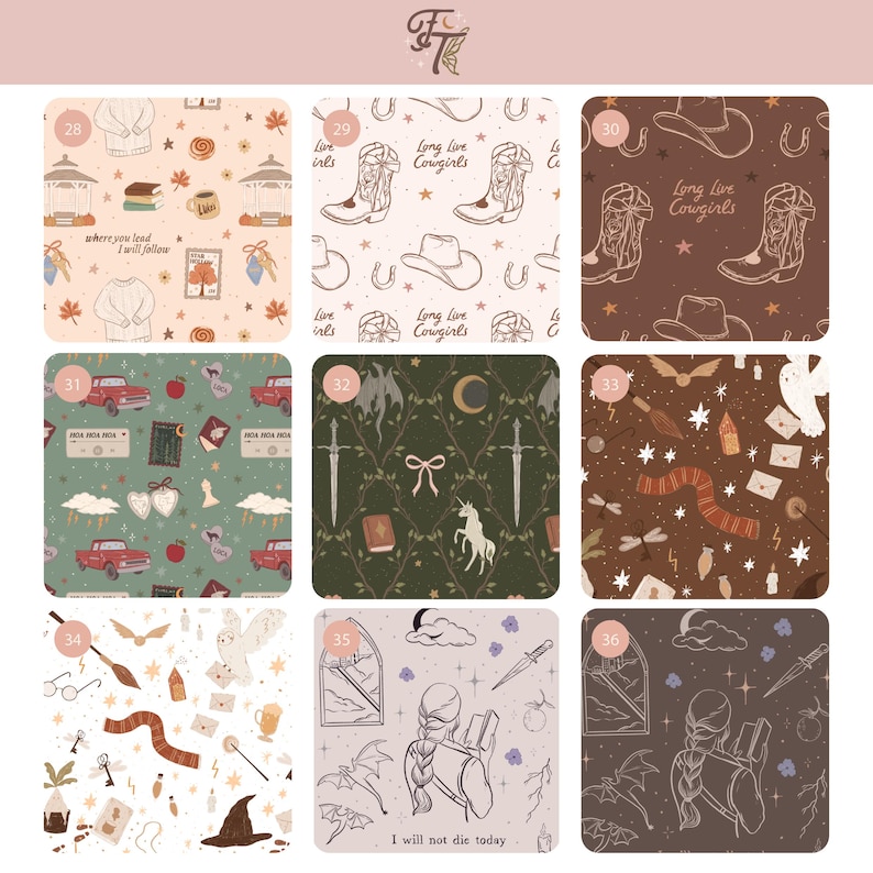 May include: A digital collage featuring nine distinct square patterns with various illustrations including cowboy boots, hats, horseshoes, books, swords, unicorns, dragons, owls, wands, and text like Long Live Cowgirls and I will not die today.